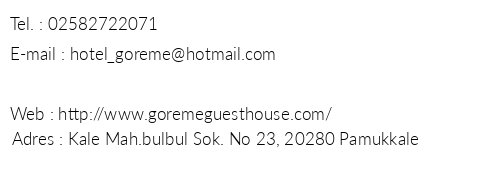 Pamukkale Hotel Greme telefon numaralar, faks, e-mail, posta adresi ve iletiim bilgileri